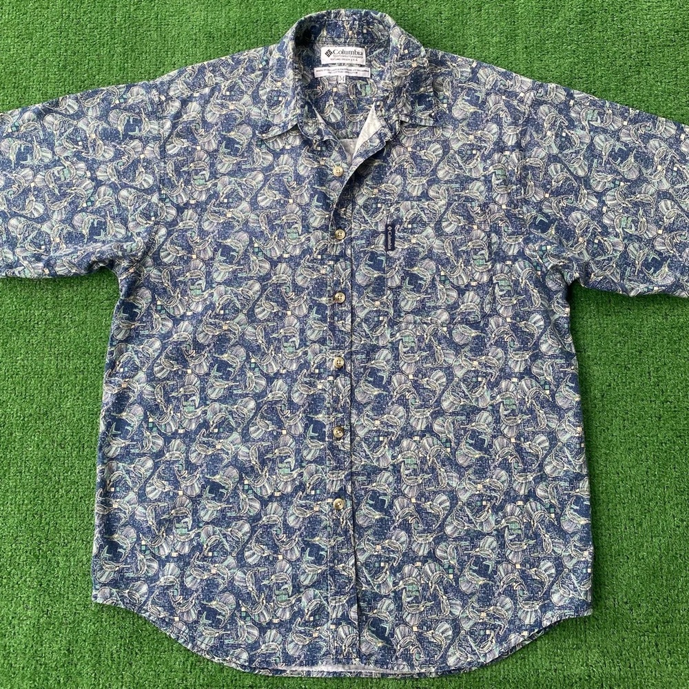 Columbia Swordfish Print Button Down Short Sleeve Shirt Mens Medium